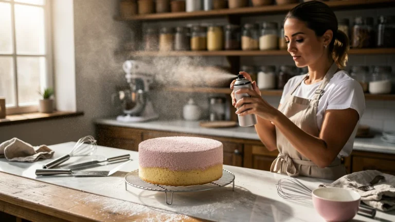 Gâteau refroidi avec un effet velours au spray en cuisine de pâtisserie artisanale