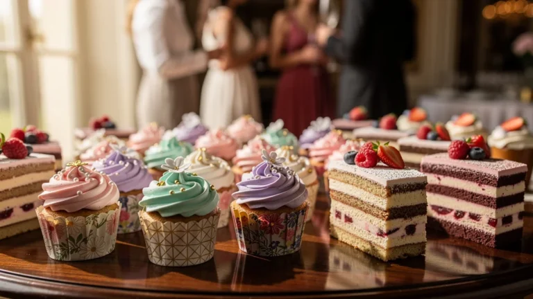Buffet élégant avec cupcakes décorés et mini layer cakes exquis, conseils pour choix dessert buffet