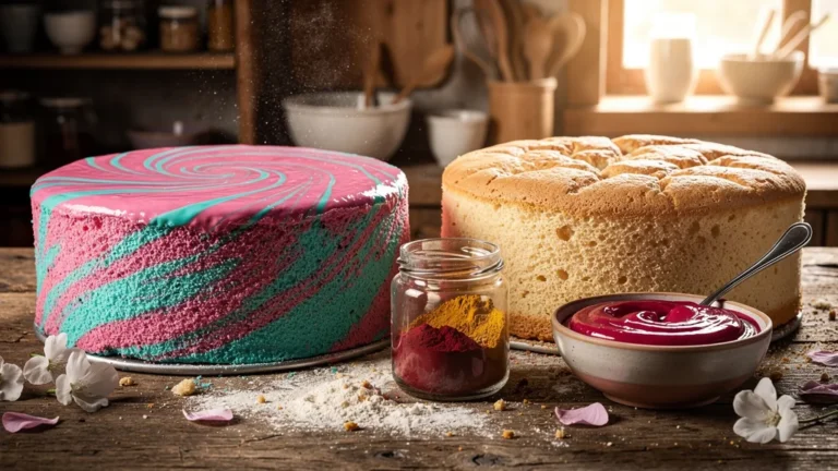Deux génoises colorées au gel et au naturel posées sur une table en bois rustique, lumière naturelle douce
