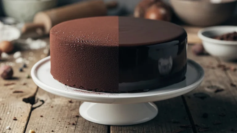Gâteau bicolore avec effet velours au spray et glaçage miroir pour une finition de fête élégante