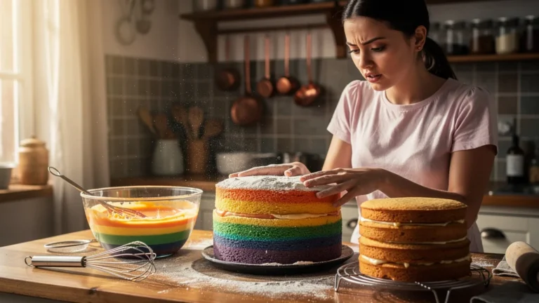 Préparation d'un rainbow cake montrant pourquoi les couches de génoise se tassent en cuisine réaliste