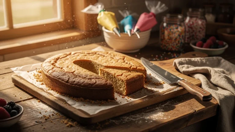 Number cake raté avec découpe du biscuit revue pour un anniversaire réussi en cuisine réaliste