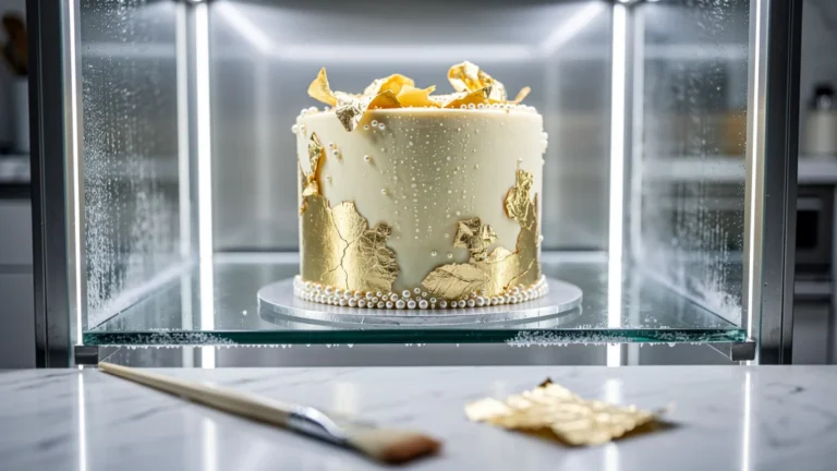 Gâteau décoré de feuille d'or comestible perdant son éclat dans un frigo moderne, avis honnête