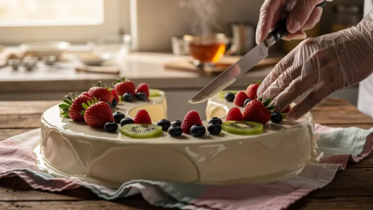 Glaçage précis d'un number cake avec fruits frais avant service, texture et fraîcheur visibles