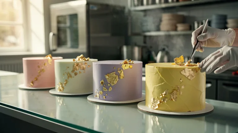 Cinq gâteaux décorés de feuille d'or posée à sec et sur gel, techniques testées entre 18 et 24 degrés