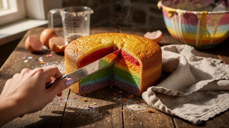 Génoise chaude non refroidie tranchée pour rainbow cake aux couleurs vives et textures moelleuses