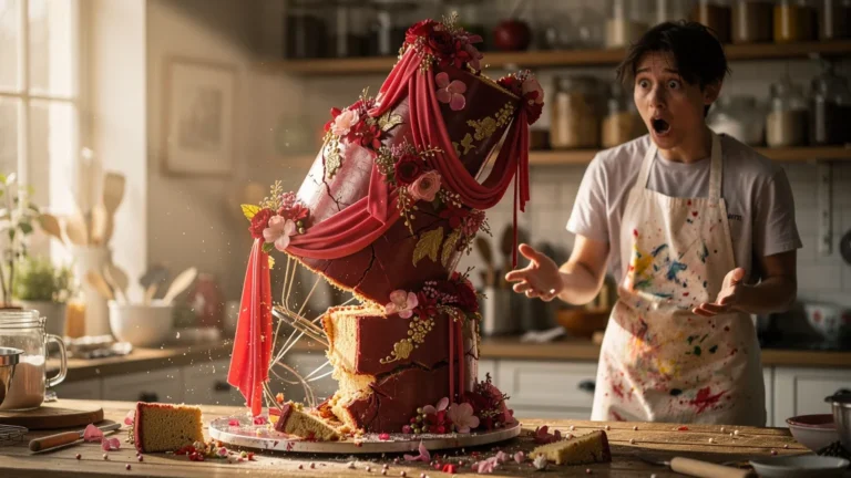 Gravity cake mal structuré qui bascule après deux heures, capture réaliste d'un effondrement pâtissier