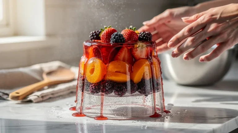 Photo hyper-réaliste d’un insert aux fruits coulant, illustrant l’importance de la prise au froid en pâtisserie
