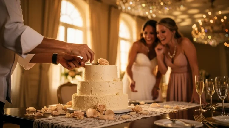 Mariage élégant révélant la précision manquante du crumb coat sur un gâteau de mariage