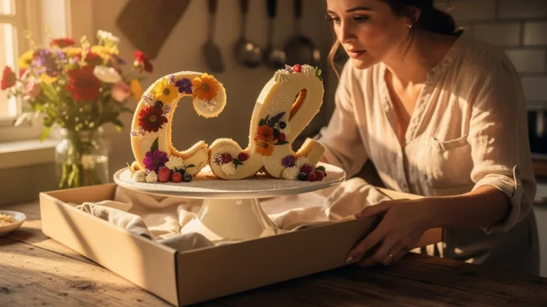 Transport délicat d'un letter cake fragile sans structure dans une cuisine réaliste et lumineuse