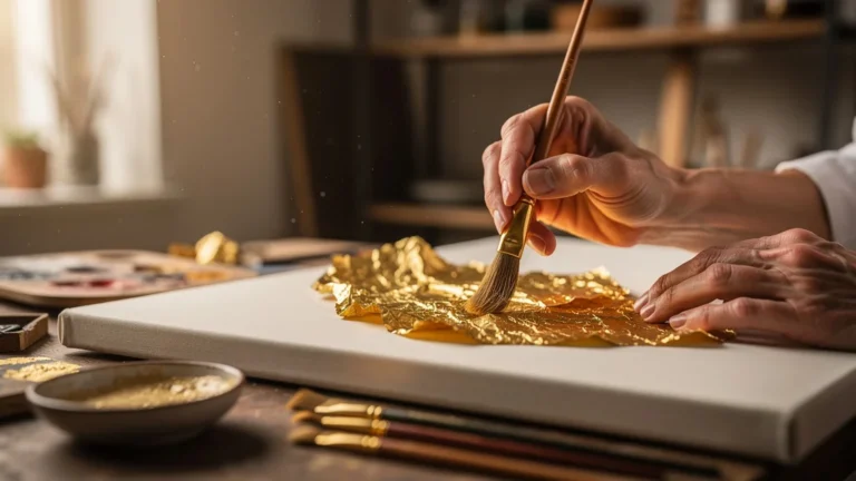 Application de feuille d’or froissée avec pinceau, technique artistique en or, image réaliste, éclat doré