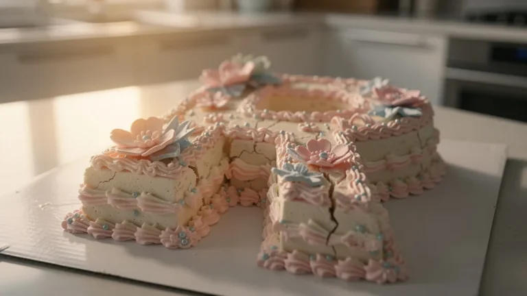 Photo réaliste d'un letter cake déformé avant arrivée, transporté sans support, pâtisserie fragile abîmée