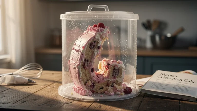 Number cake effondré dans sa boîte pendant le transport, illustration réaliste et détaillée