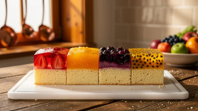 Quatre inserts de fruit sur une découpe pour comparer leur tenue en pâtisserie