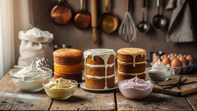 Trois recettes de molly cake testées, posées côte à côte avec différentes crèmes et textures, photo réaliste 8K