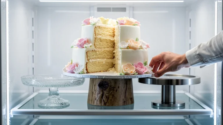 Trois supports à gâteau comparés sur un gâteau à trois étages dans un réfrigérateur moderne