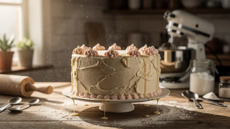 Gâteau à effet velours raté sur une pâte pas assez froide en cuisine rustique chaleureuse