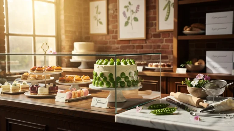 Photo hyper-réaliste d’une pâtisserie artisanale avec gâteau décoré au pois gourmand, ambiance chaleureuse et raffinée