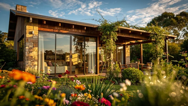 Extérieur lumineux et naturel de Casa Gaia, maison moderne entourée de verdure et fleurs colorées