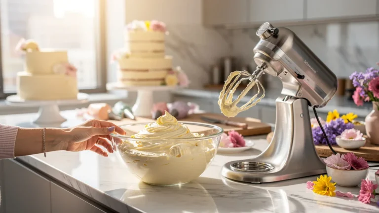 Crème au beurre on a marble countertop in a modern kitchen, showing texture and freshness for cake design article
