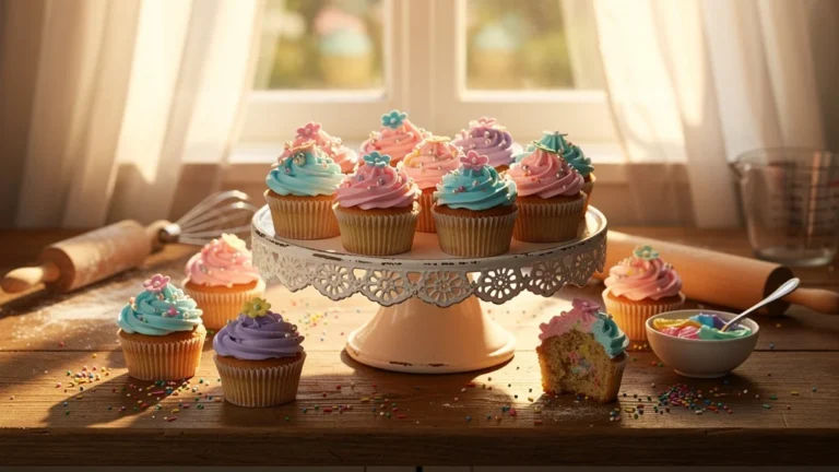 Cupcakes anniversaire décorés pastel sur plan de travail en bois éclairé par lumière naturelle douce