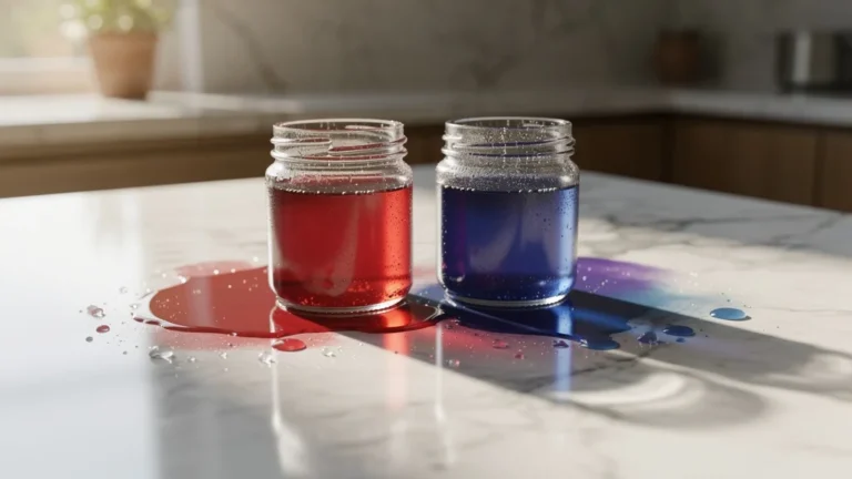 Deux pots de colorant alimentaire renversés sur un plan de travail blanc, gâchés avant de comprendre qu'il ne faut pas d'eau