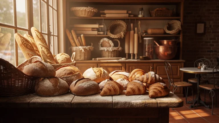 Intérieur d'une boulangerie artisanale avec pains frais et ambiance chaleureuse chez Fred l'artisan boulanger
