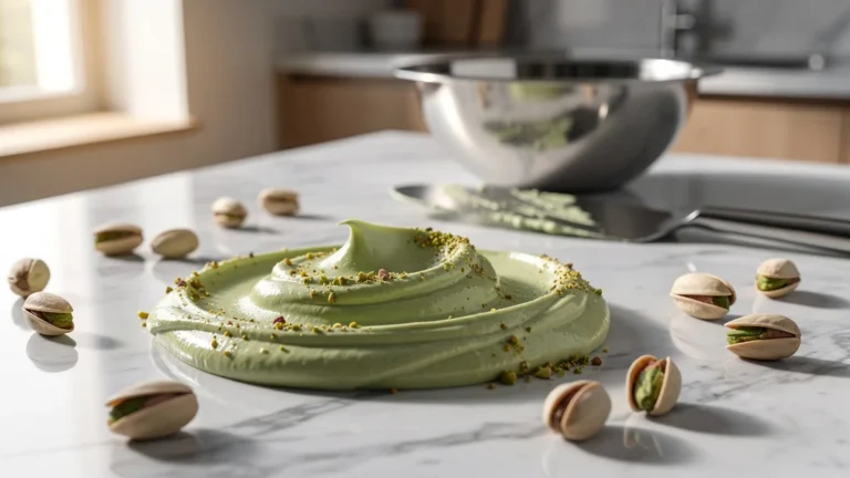 Gourmet ganache pistache on marble countertop with pistachios, texture and shine détaillés, cuisine moderne