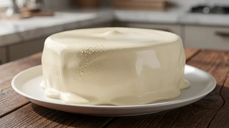 Glaçage chocolat blanc lisse et brillant après 24h au frais sur un gâteau artisanal