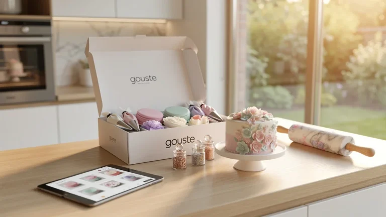 Cuisine moderne lumineuse avec boîte gouste ouverte et fournitures pour cake design en gros plan
