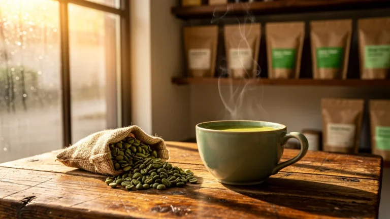 Tasse de café vert et grains frais dans un décor chaleureux, ambiance naturelle pour Green Bear Coffee