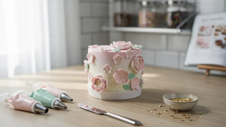 Design ultra-réaliste d’un gâteau bento coréen pastel avec décor floral et outils de cake design