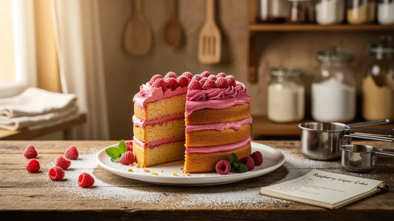 Layer cake framboise hyper réaliste avec couches moelleuses et framboises fraîches sur une table en bois