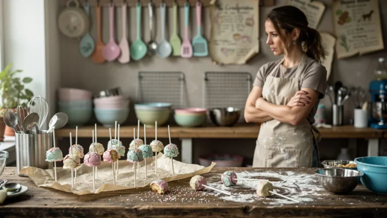 Atelier enfants avec cake pops désordonnés illustrant leur occupation surestimée en pâtisserie créative
