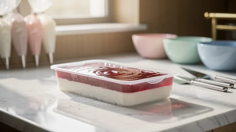 Insert framboise congelé parfaitement à plat dans une mousse blanche aérienne, cuisine moderne lumineuse
