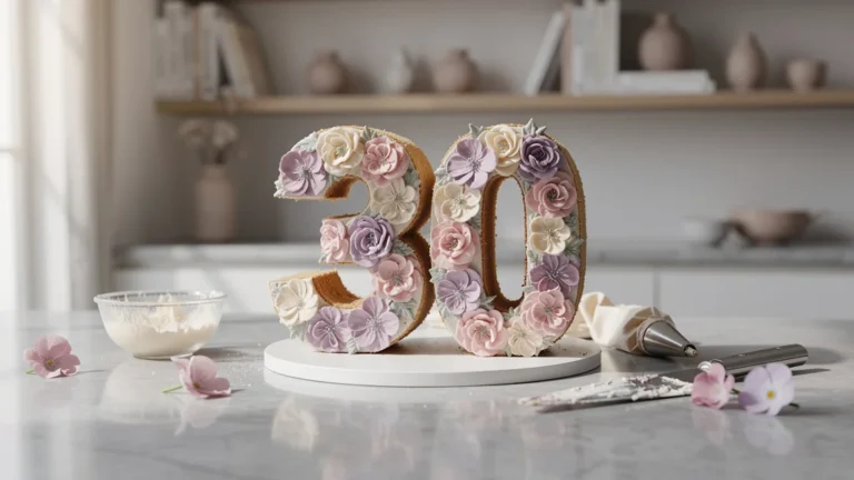 Number cake artisanal en forme de 30 avec décoration florale, texture moelleuse détaillée, lumière naturelle