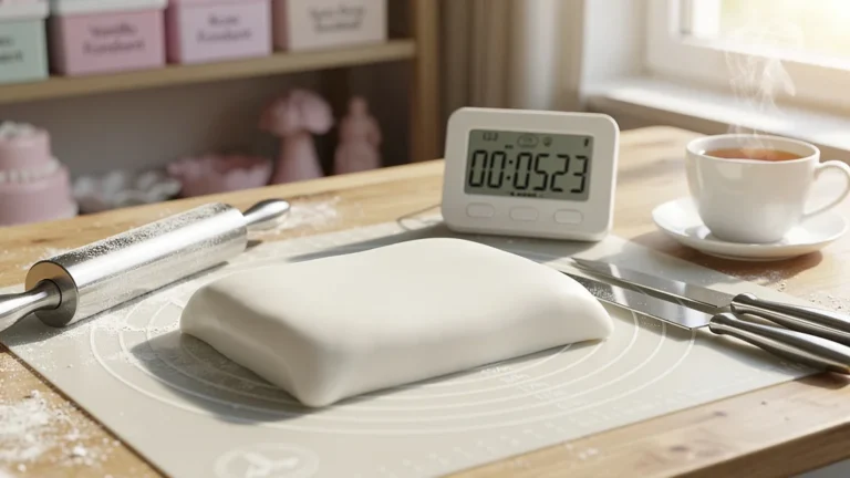 Plan rapproché d’une pâte à sucre blanche et élastique sur une table de décoration de gâteau professionnelle