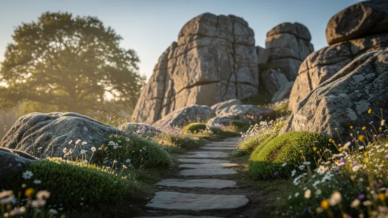 Paysage hyperréaliste de Pedra Alta Orgeval au coucher de soleil avec rochers et végétation luxuriante