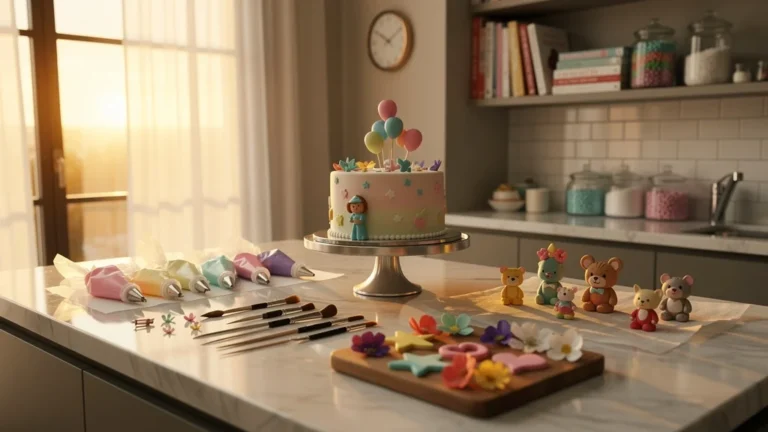 Cuisine moderne éclairée, décorations de gâteau préparées la veille pour un gâteau d'enfant réussi