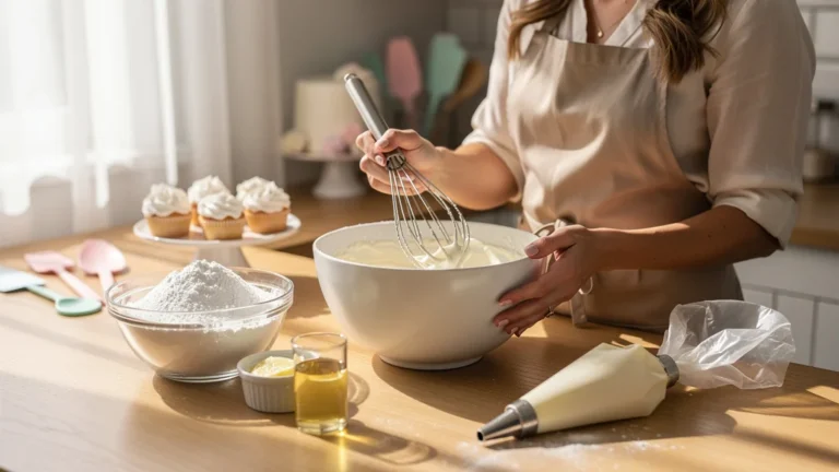 Préparation de la recette glacage royal avec ingrédients et bol sur plan de travail lumineux