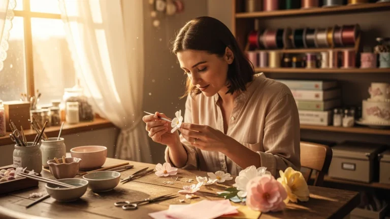 Femme créant patiemment ses premières fleurs en wafer paper dans un atelier lumineux et chaleureux