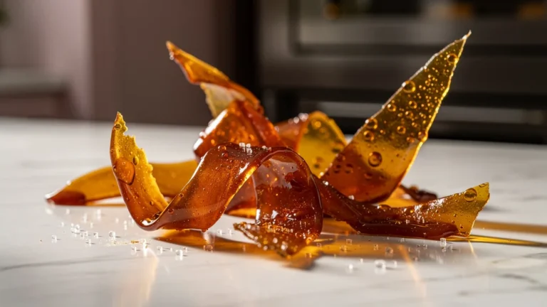 Décor en caramel ambré sur fond marbré, illustration réaliste d'une cuisson du sucre poussée trop loin