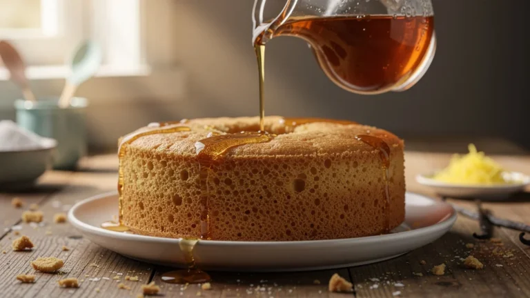 Sirop d'imbibage versé sur un sponge cake doré pour le rendre moelleux et savoureux